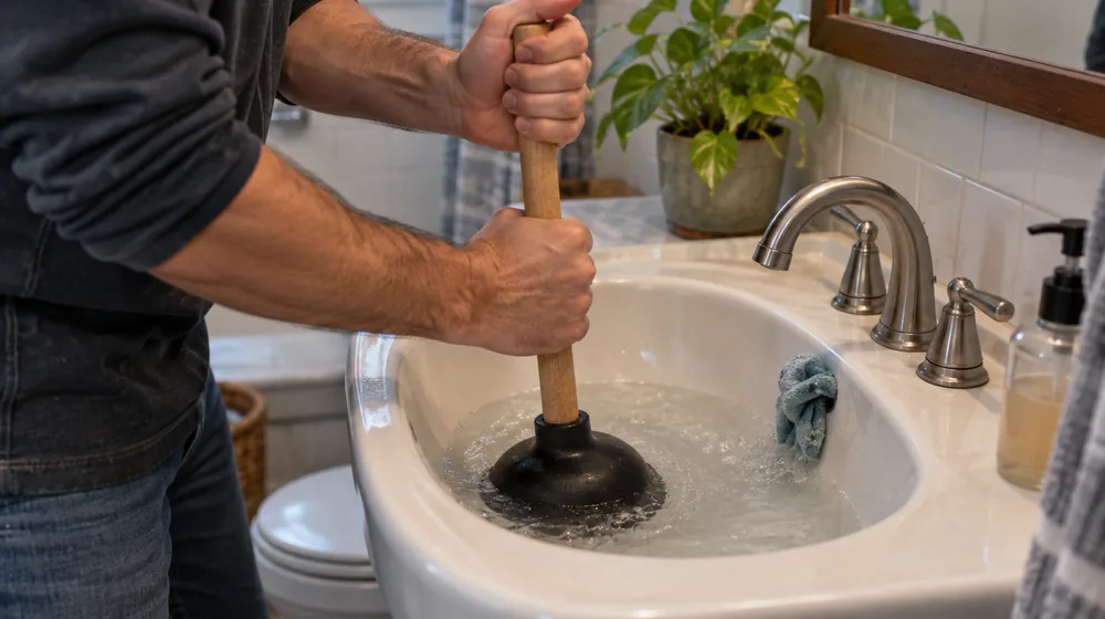 Homeowner using a plunger correctly on a bathroom sink
