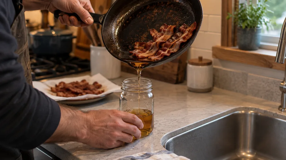 Cooking grease being poured into a jar instead of the kitchen sink