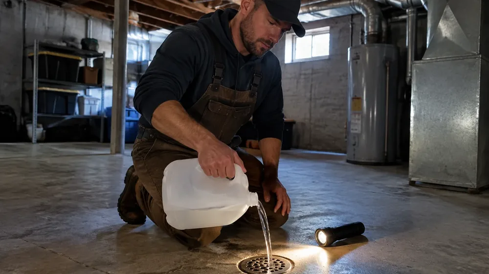 Plumber refilling a dry basement floor drain to restore its trap seal