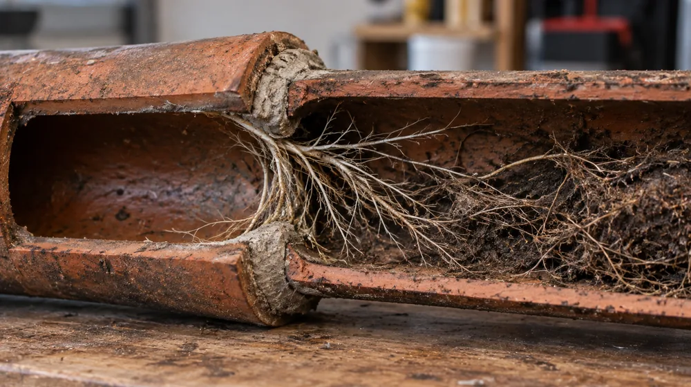 Cross-section of a clay sewer pipe with roots entering at the joint