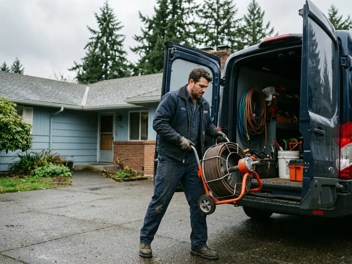 Drain technician unloading a sewer cable machine from a service van in Oregon