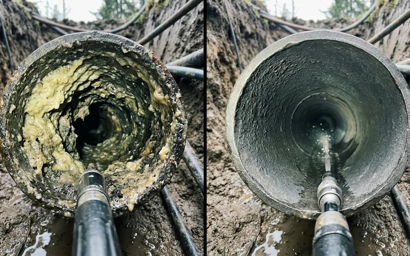 Side-by-side sewer camera stills showing a grease-coated pipe before and after jetting