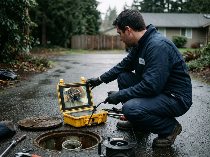 Technician reviewing sewer camera footage on a monitor beside an open cleanout