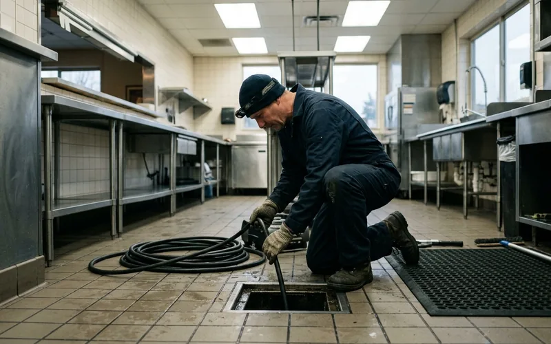 Technician jetting a grease-loaded floor drain line in a commercial kitchen