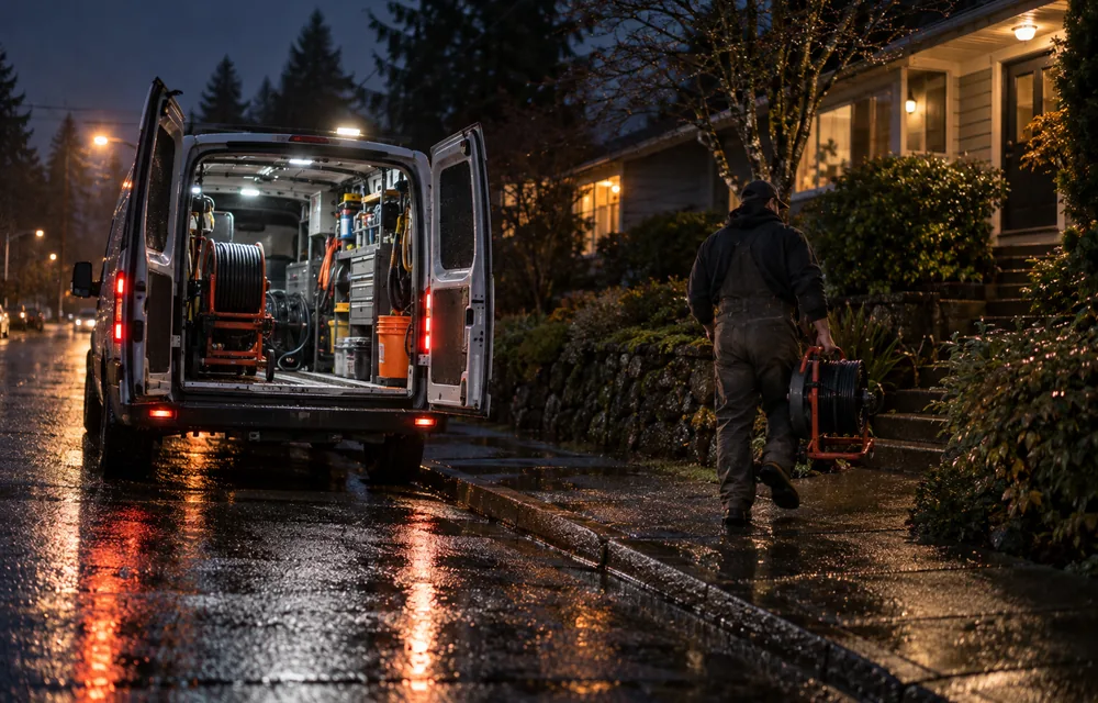 Service van with lights on responding to an after-hours sewer backup call at night