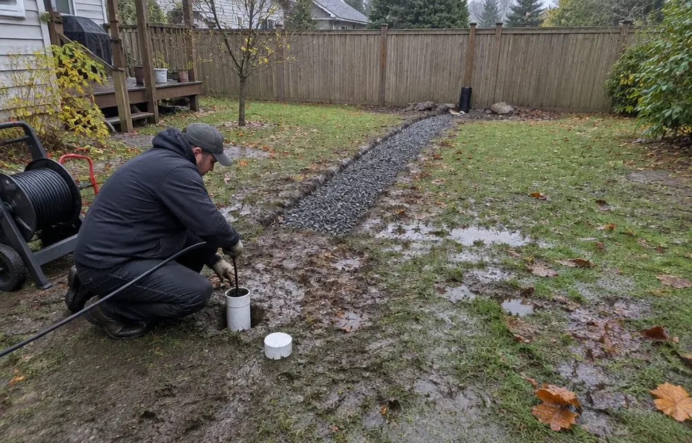 Technician feeding a jetter hose into a French drain cleanout in a wet Oregon backyard