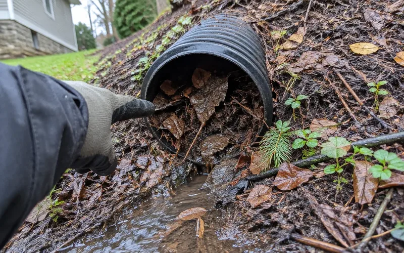 French drain outlet pipe partly buried in mulch and packed with leaves