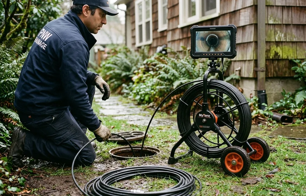 Sewer inspection camera reel and monitor set up beside a residential cleanout